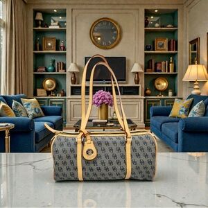 Dooney & Bourke Signature Navy Canvas Barrel Bag with Saddle Leather Trim